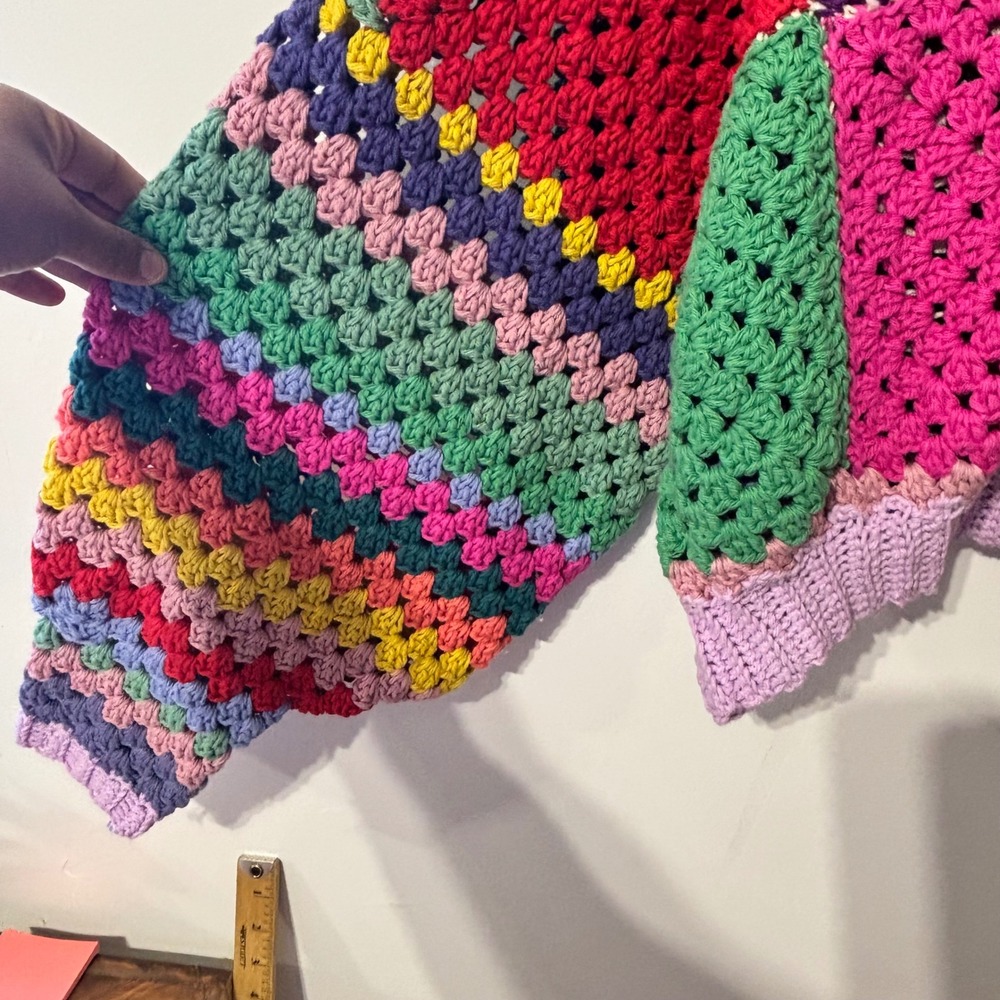 Handmade Crochet Patchwork Sweater Rainbow Granny Square Checkerboard Cropped - Picture 9 of 10